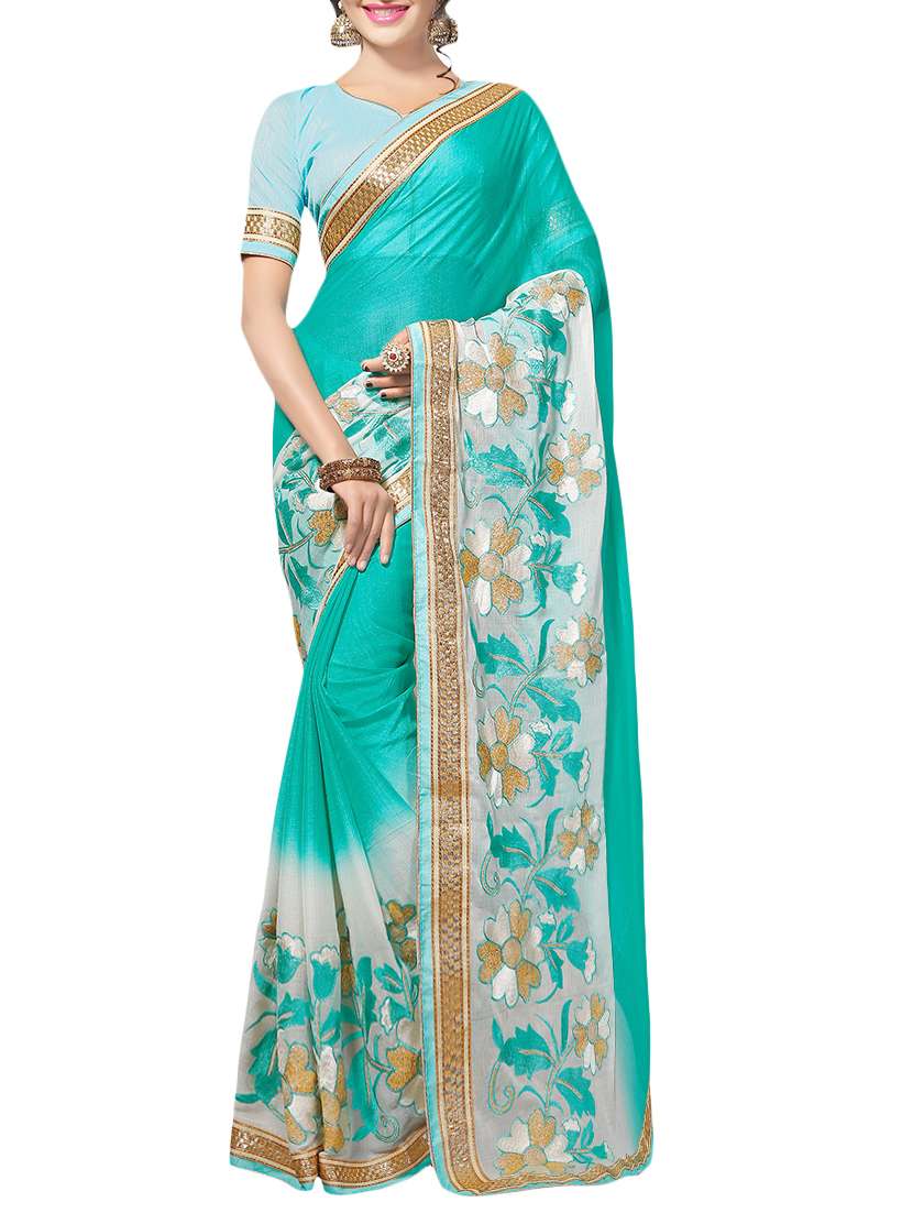 turquoise & white chiffon embroidered saree with blouse