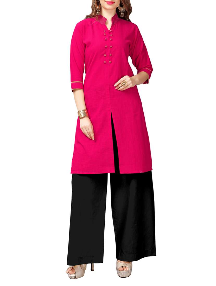 pink cotton solid straight kurta
