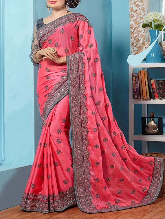 pink embroidered poly silk saree with blouse