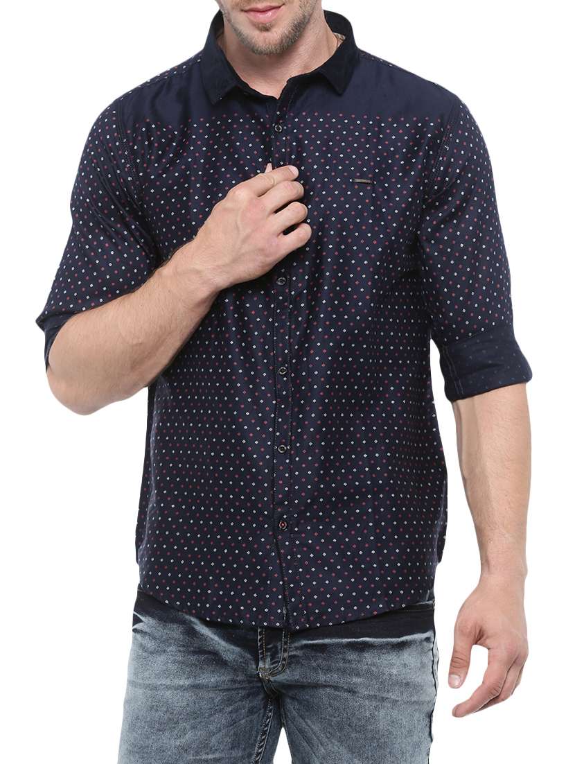 navy blue printed cotton casual shirt