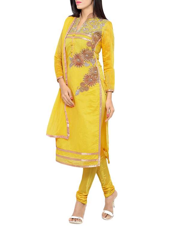 yellow chanderi cotton dress material - 13921103 - Standard Image - 1