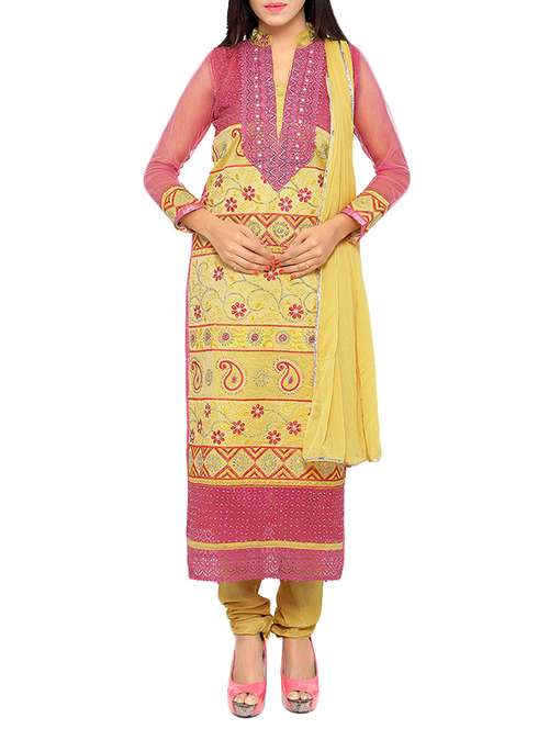 yellow chanderi cotton dress material - 13921114 -  Standard Image - 0