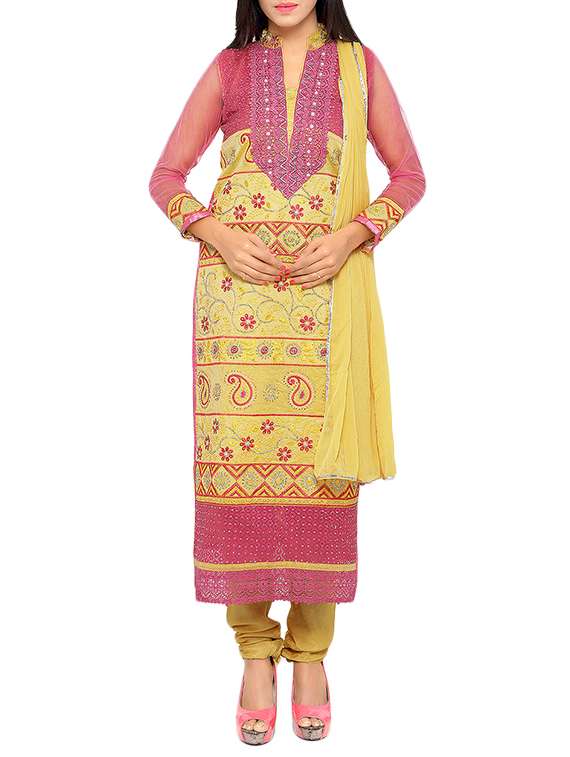 yellow chanderi cotton dress material