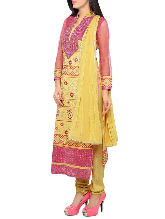 yellow chanderi cotton dress material - 13921114 -  Standard Image - 1