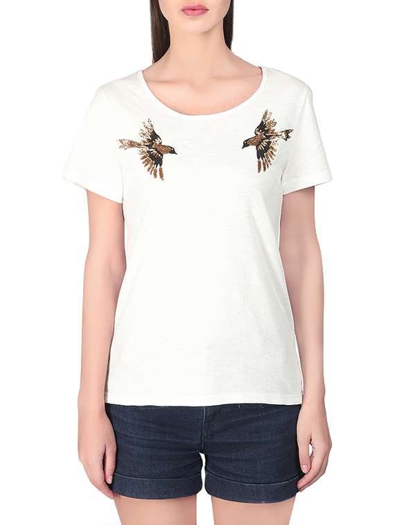 white embellished viscose regular tee