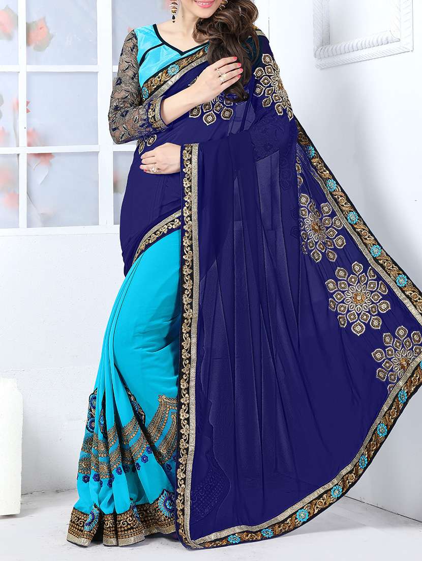blue georgette embroidered half and half saree with blouse