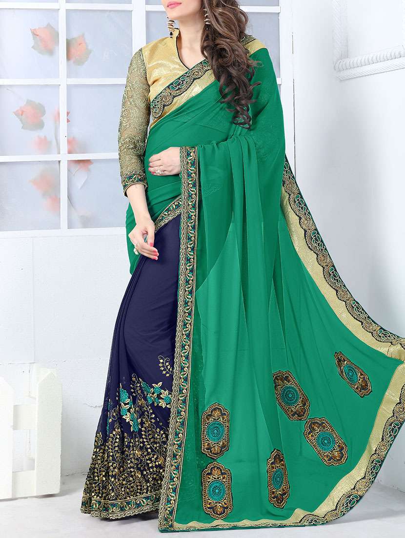 green & blue georgette embroidered half & half saree with blouse