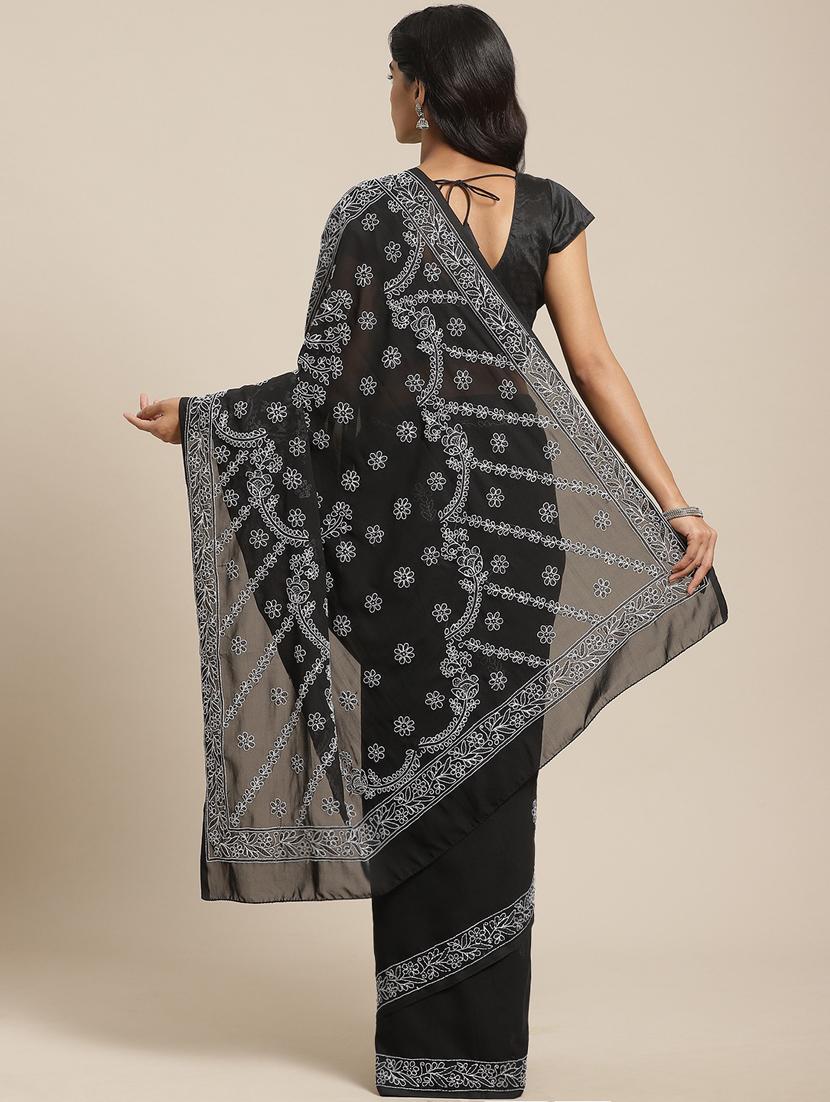 black georgette hand worked lucknowi chikankari saree with blouse - 13925110 - Standard Image - 1