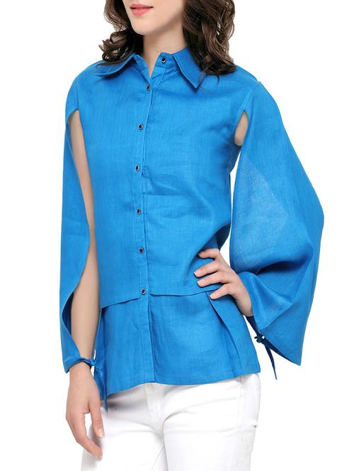 light blue linen slit sleeve shirt - 13931980 - Standard Image - 0