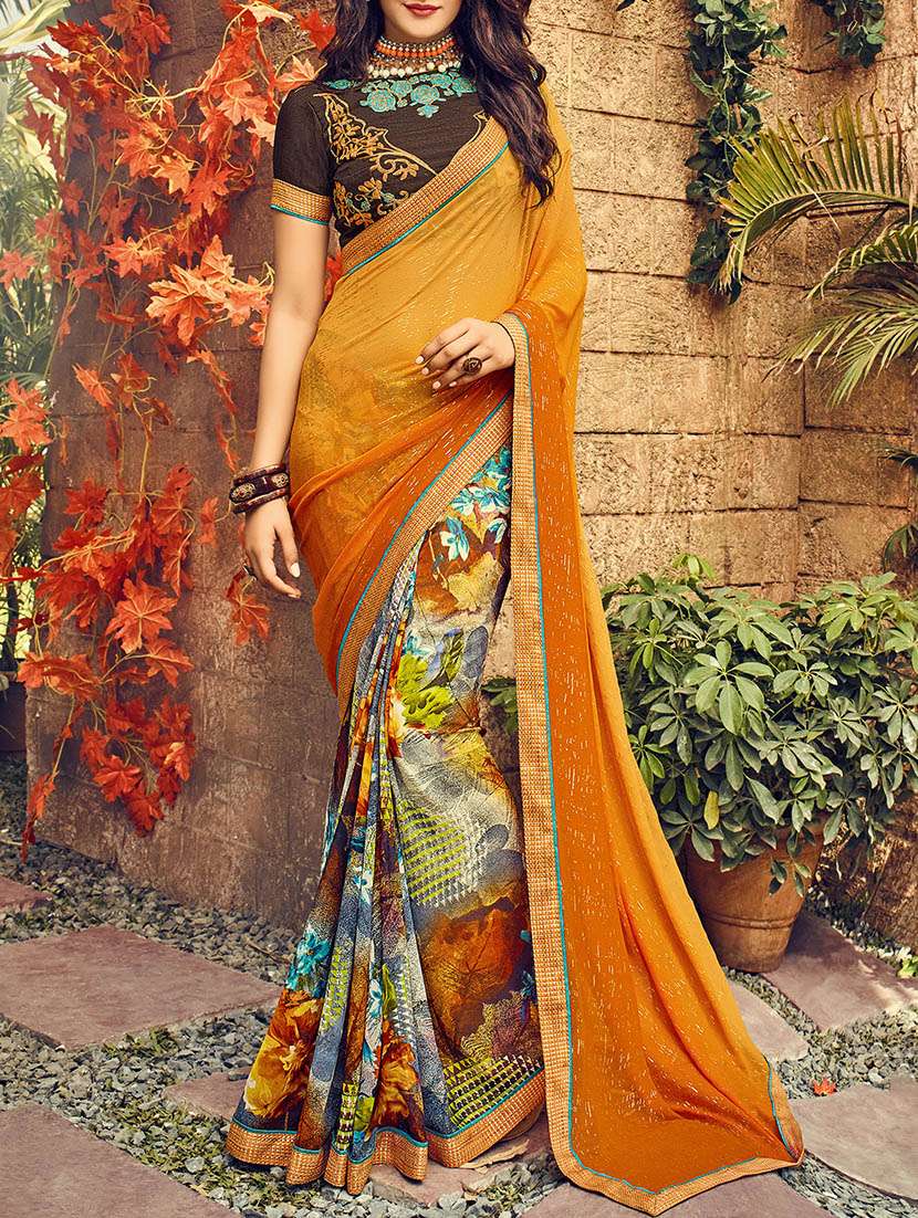 mustard georgette printed half & half saree