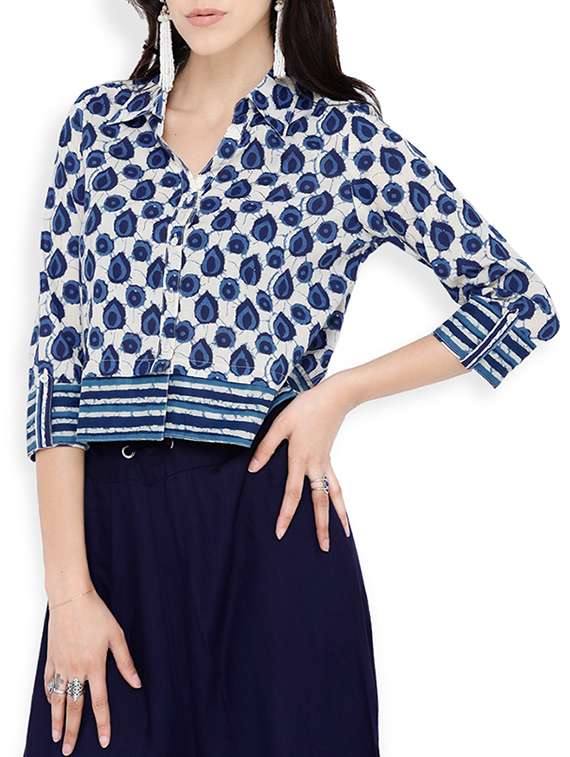 blue printed cotton crop shirt