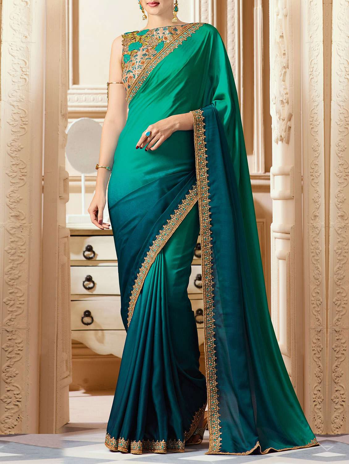 green  raw silk ombre saree with blouse