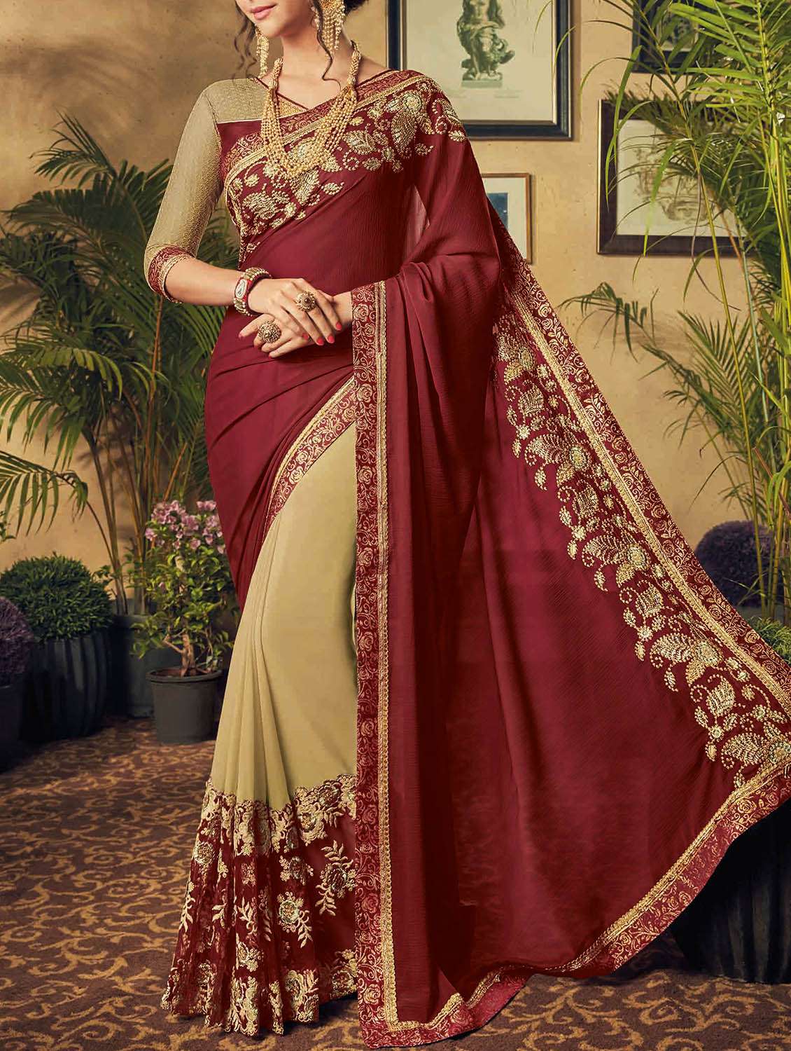 maroon & beige georgette embroidered half & half saree with blouse
