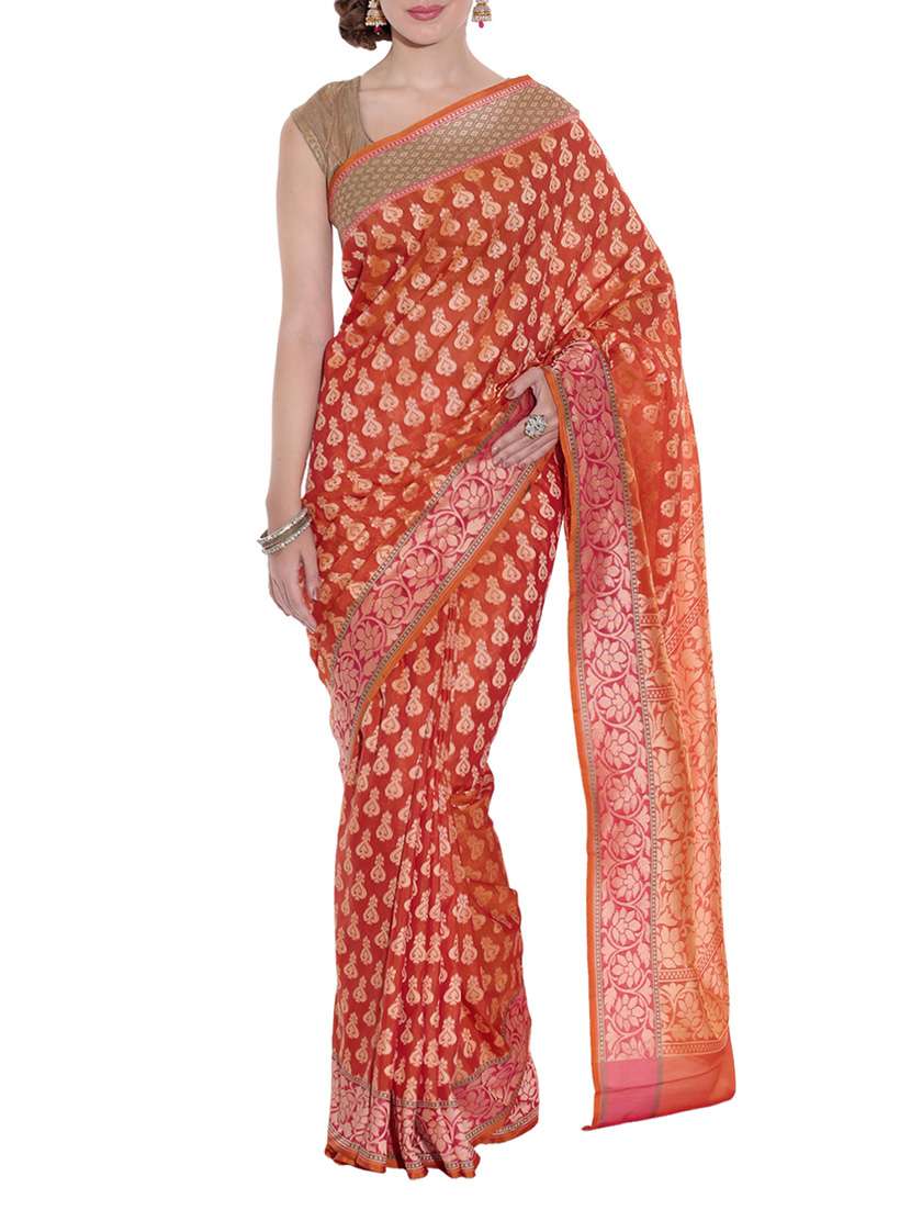 orange woven art silk saree with blouse