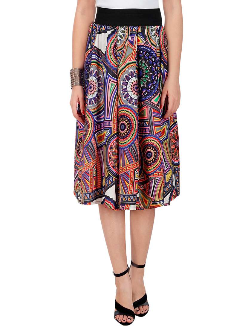 multicolored printed crepe flared skirt