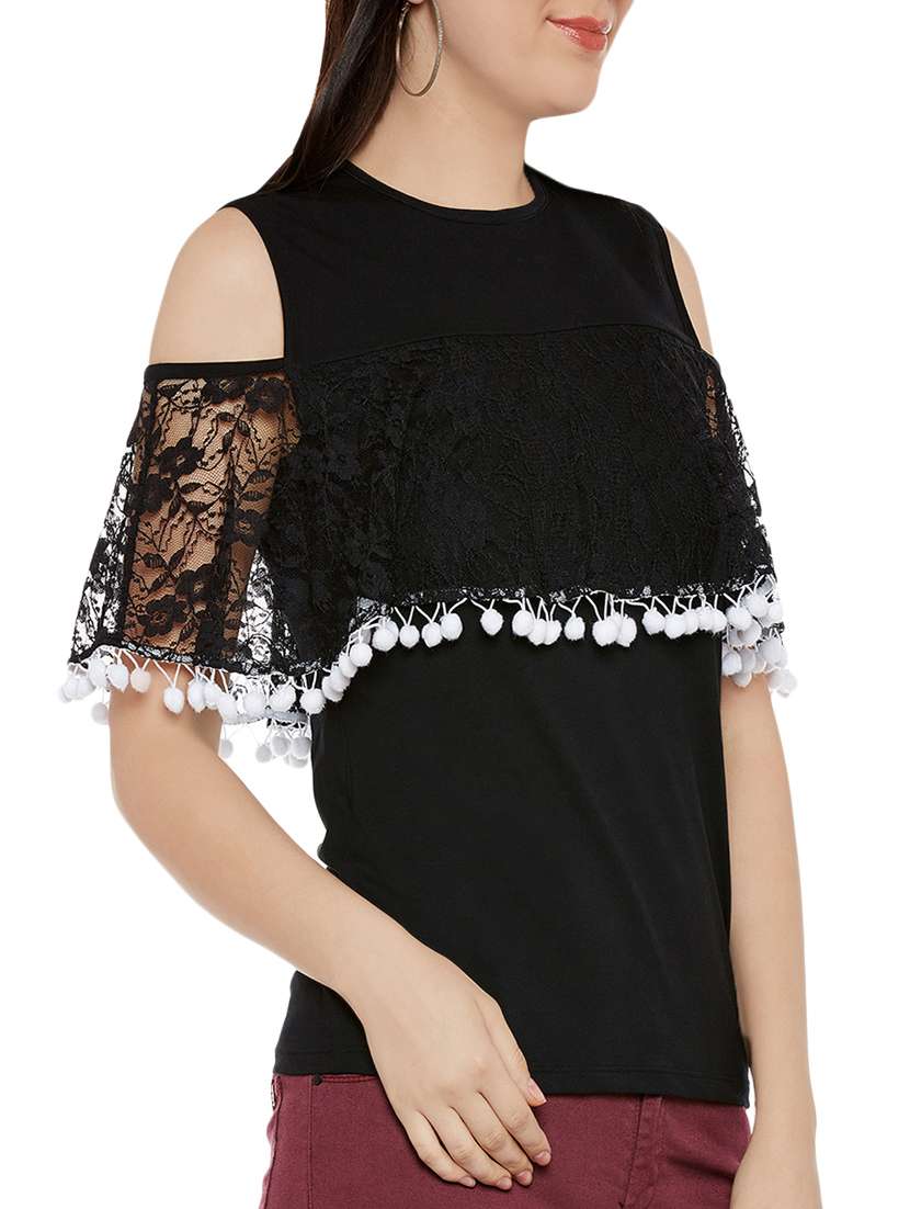 pom pom lace detail cold shoulder top  - 13950820 -  Standard Image - 1