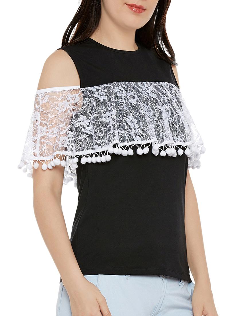 lace panel pom pom cold shoulder top - 13950821 - Standard Image - 1