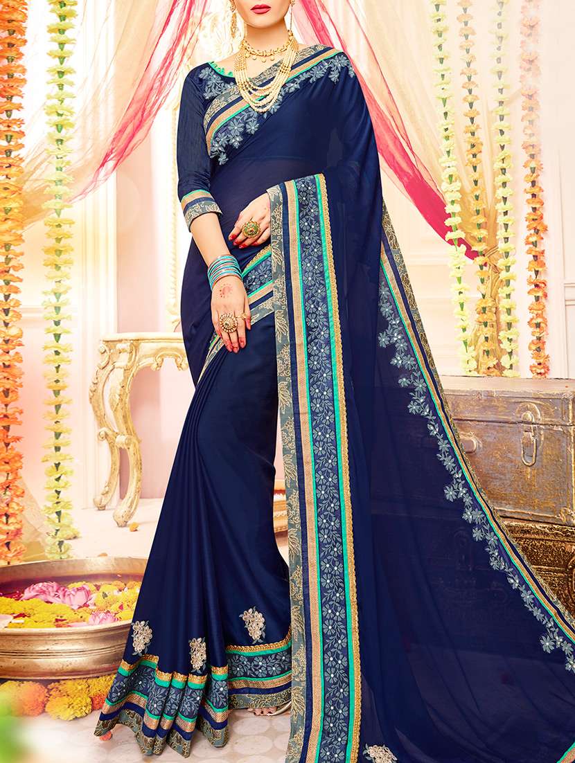 blue chiffon embroidered saree with blouse