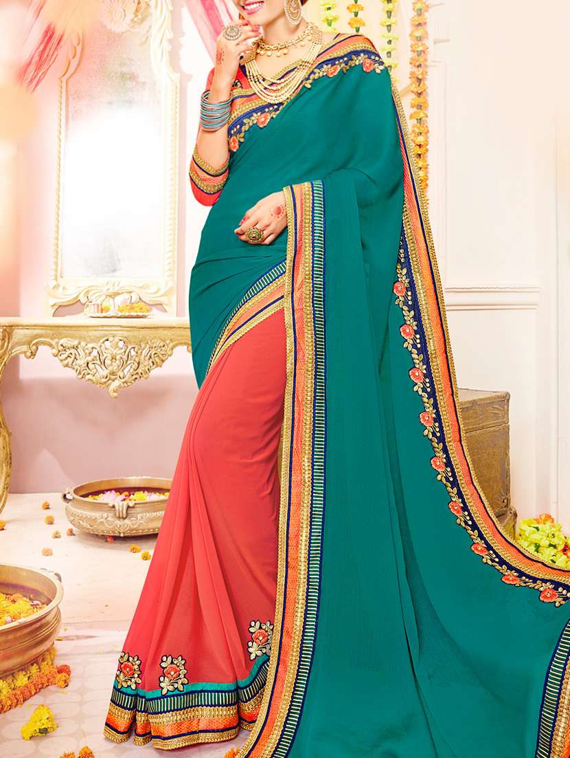 Turquoise & orange chiffon embroidered half & half saree with blouse