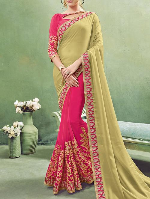 mehandi and pink half and half georgette saree with blouse - 13953325 - Standard Image - 0