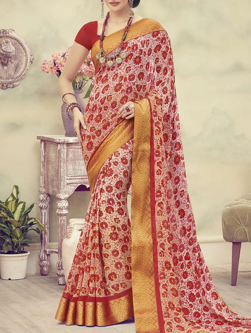 red printed faux georgette saree with blouse