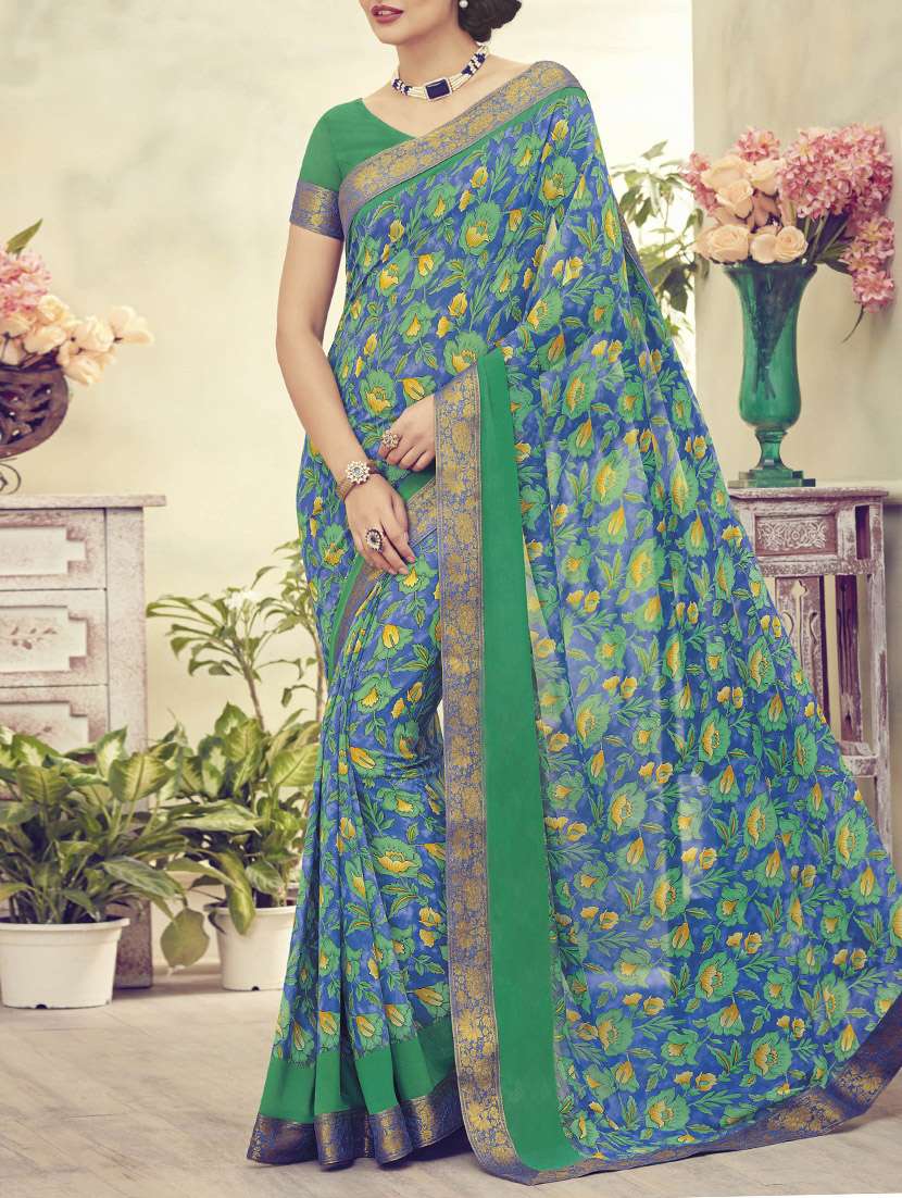 blue printed georgette saree with blouse