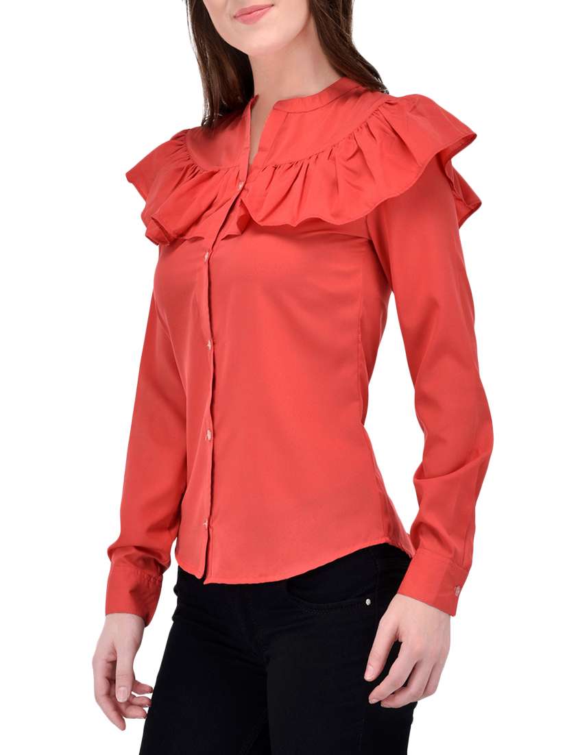 ruffle detail mandarin neck shirt - 13961894 -  Standard Image - 1