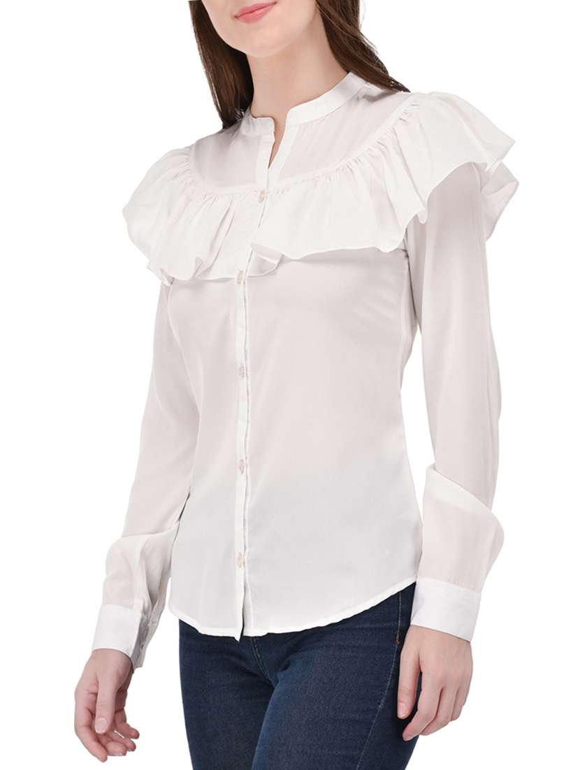 ruffle detail mandarin neck shirrt - 13961896 -  Standard Image - 1