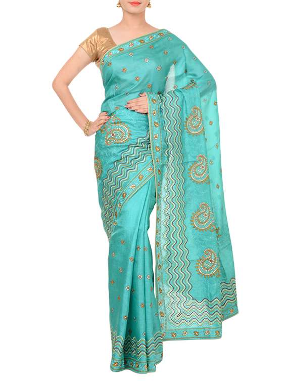 sky blue tussar silk saree with blouse