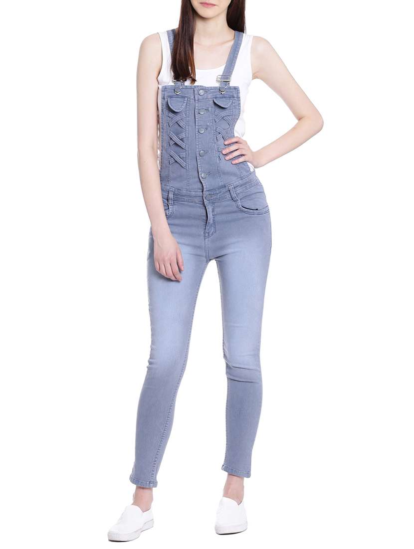 stone washed criss cross front dungaree