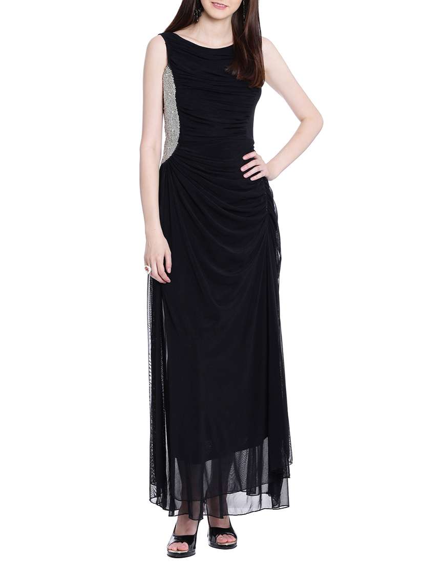 embellished draped asymmetric hem gown