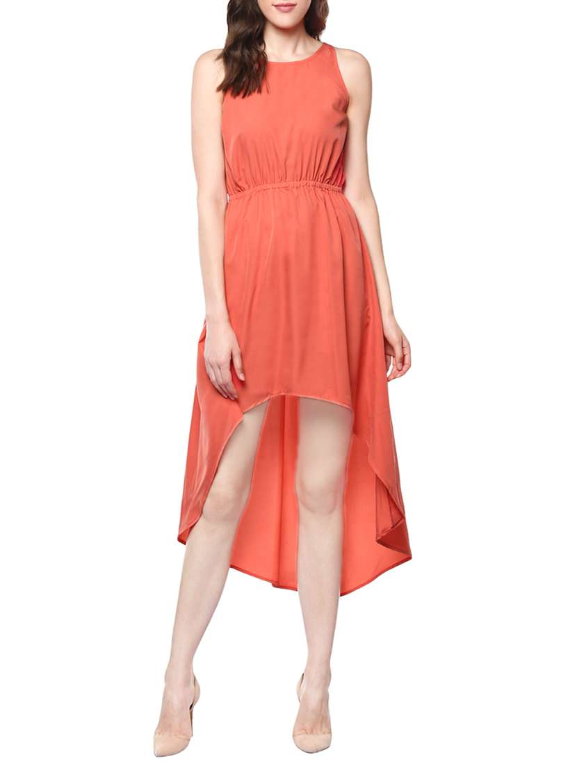 orange solid crepe high-low dress