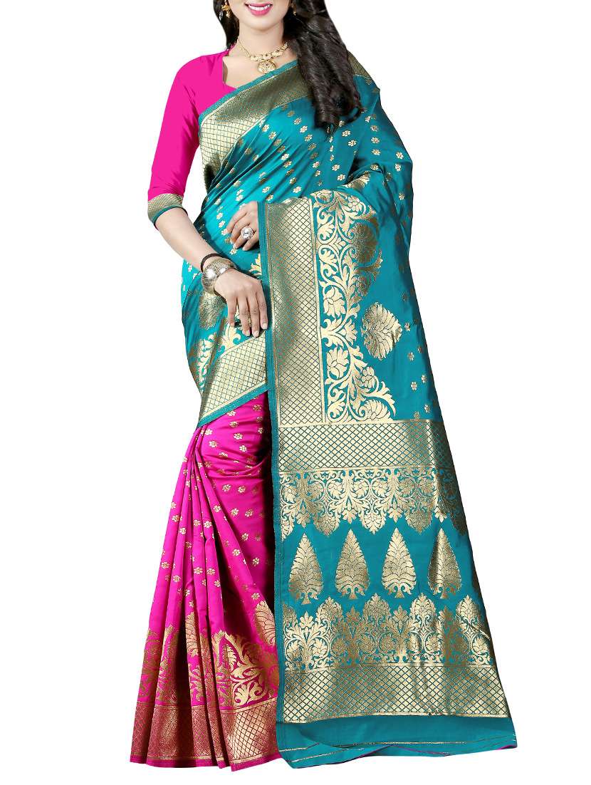 turquoise art silk banarasi saree with blouse