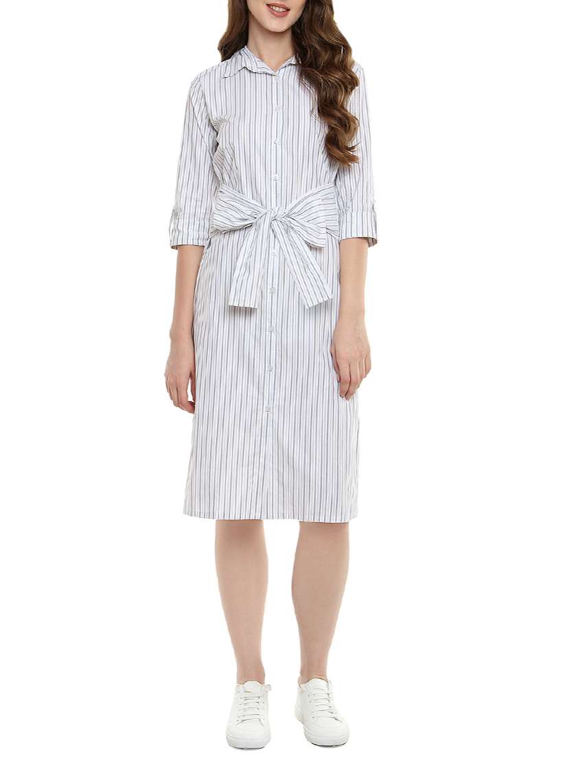 front bow tie-up striped button-up dress