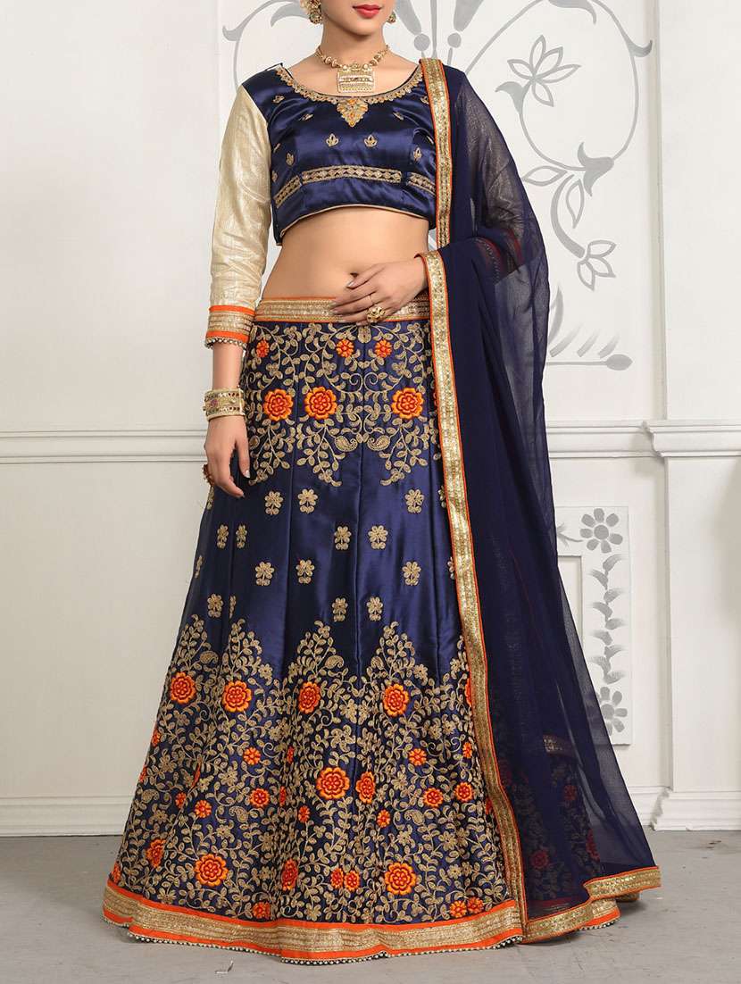 blue satin embroidered panelled lehenga