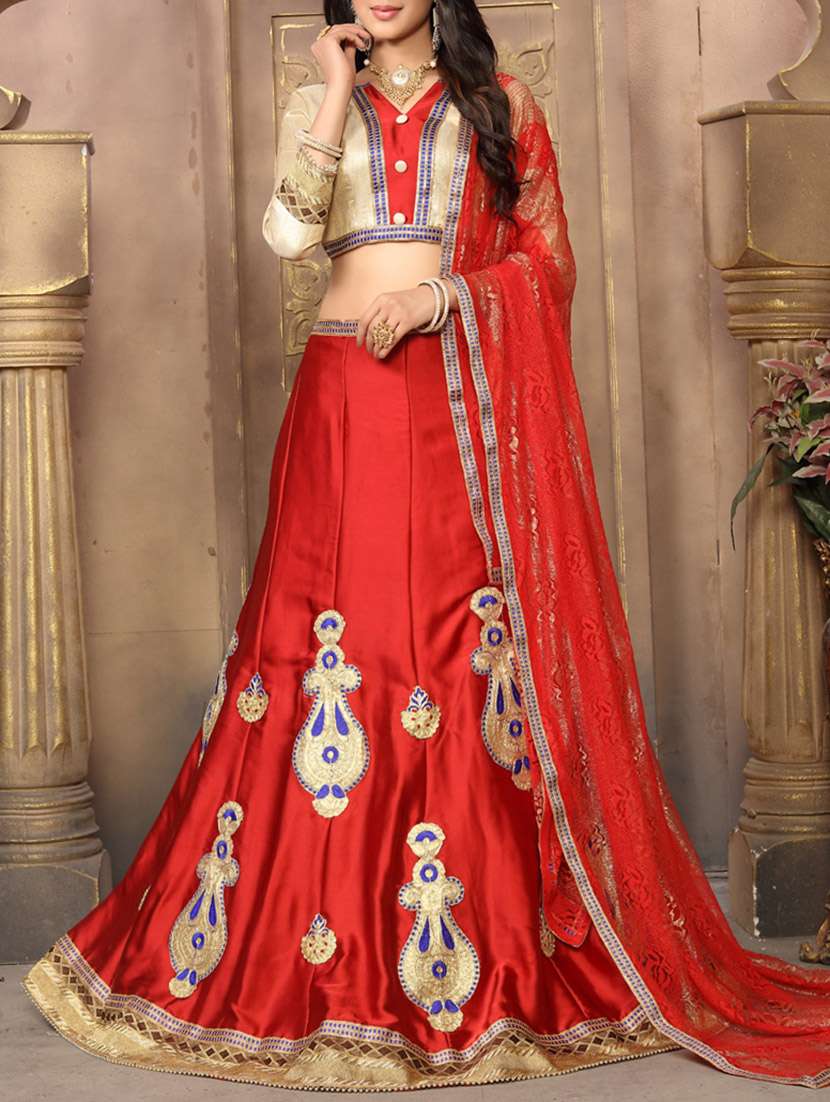 red satin embroidered panelled unstitched lehenga