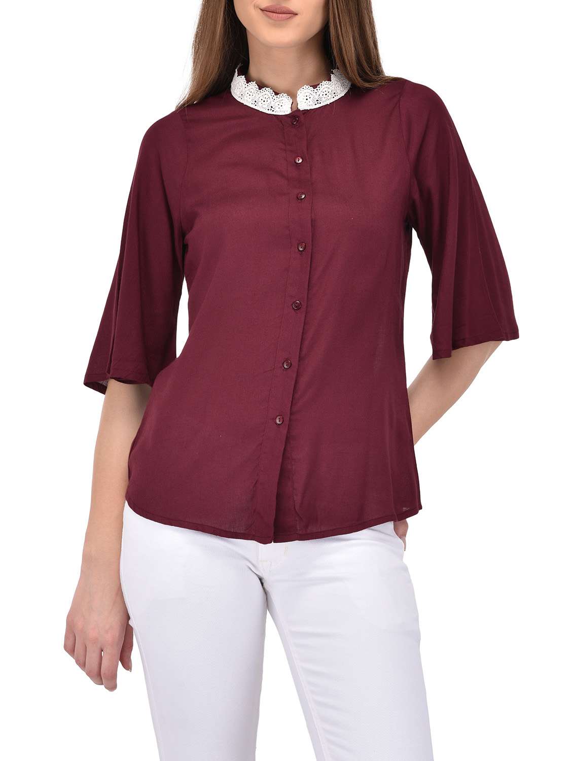 red rayon shirt with bell sleeves