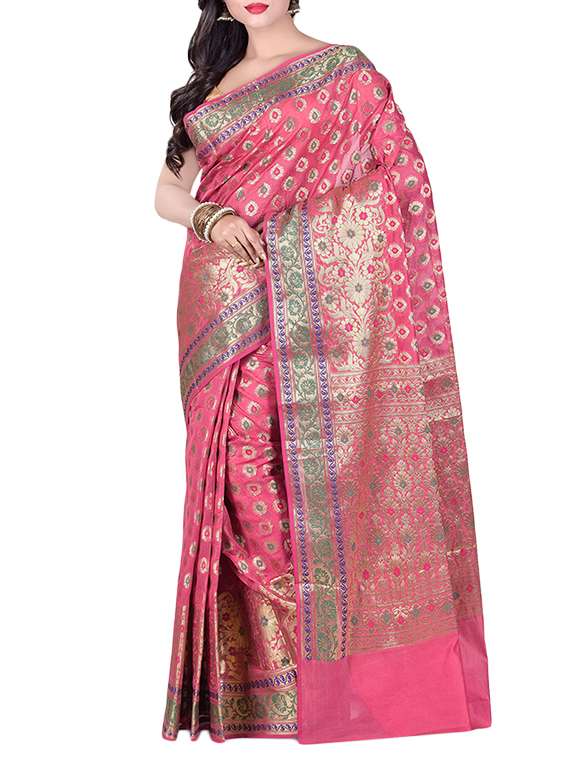 peach cotton blend banarasi saree with blouse