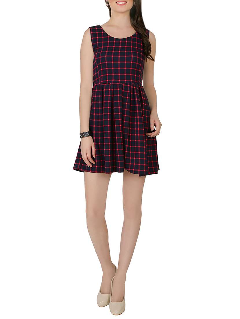 navy blue checkered skater dress