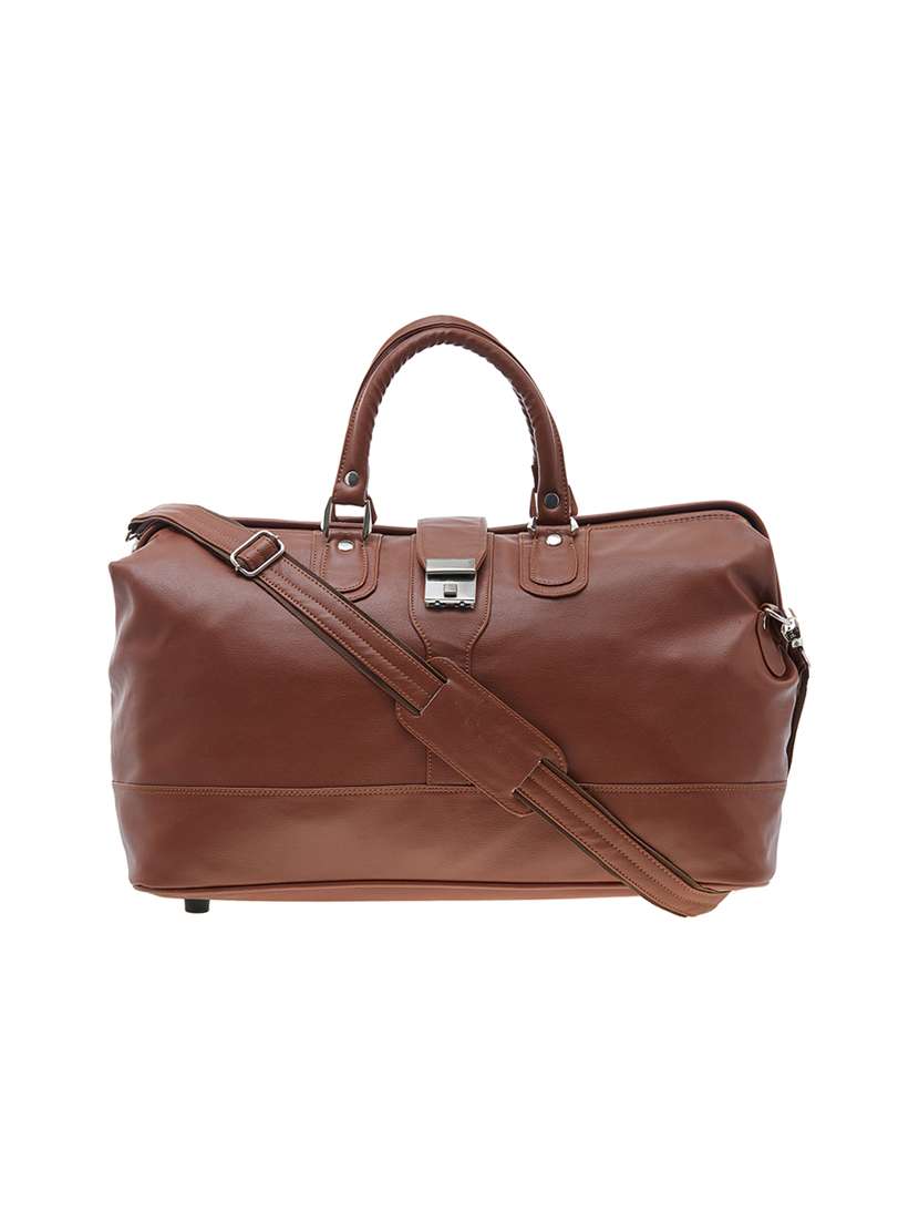 brown leatherette dufflebag