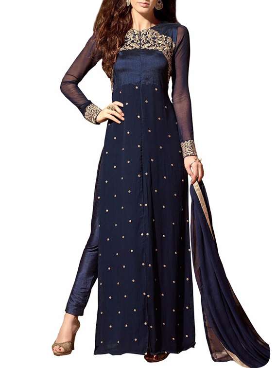 blue georgette embroidered semi-stitched suit
