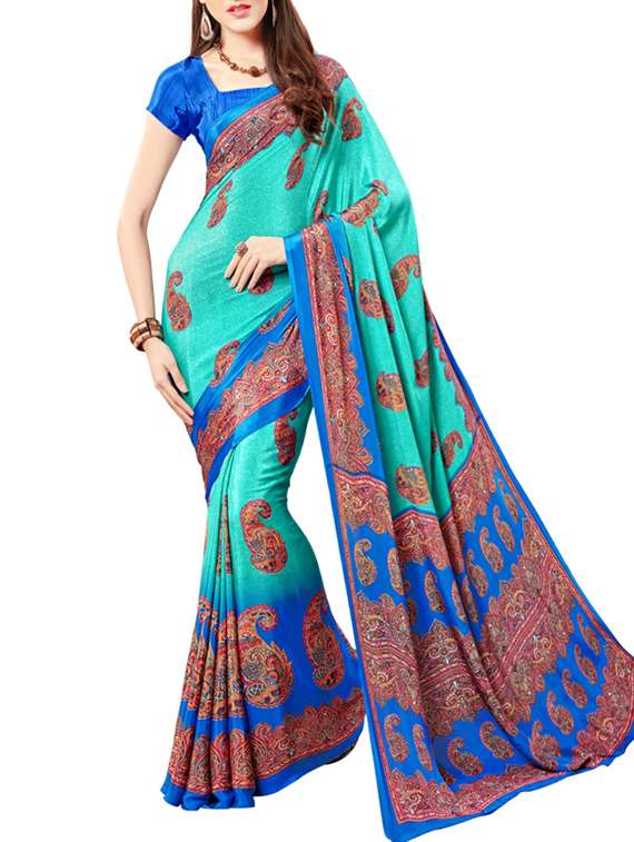 Turquoise printed saree with blouse