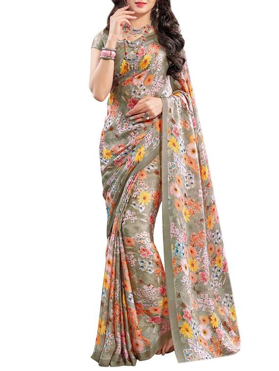 grey satin printed saree with blouse