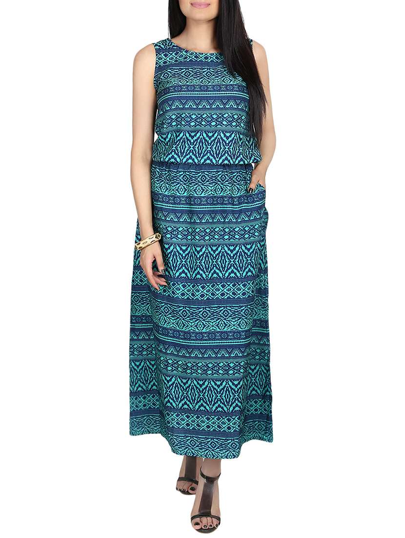 blue printed crepe maxi dress