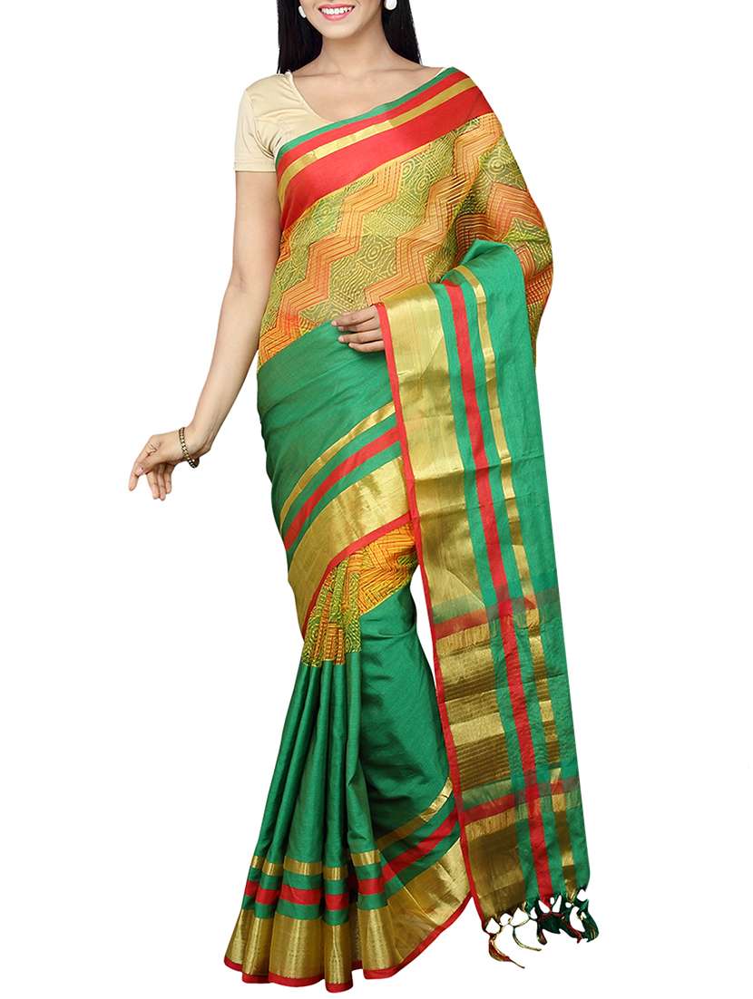 green printed saree with blouse