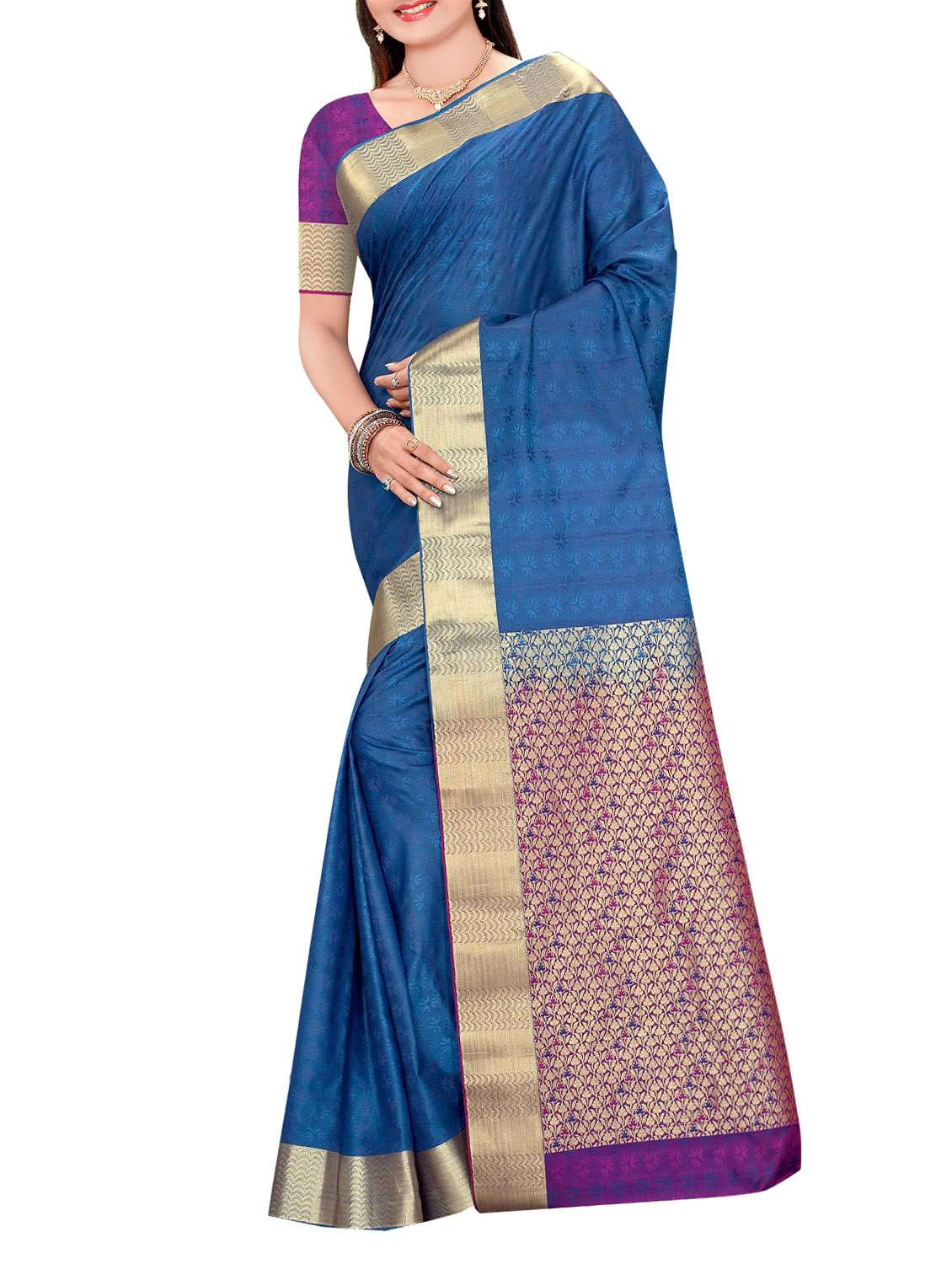 blue art silk jacquard saree with blouse