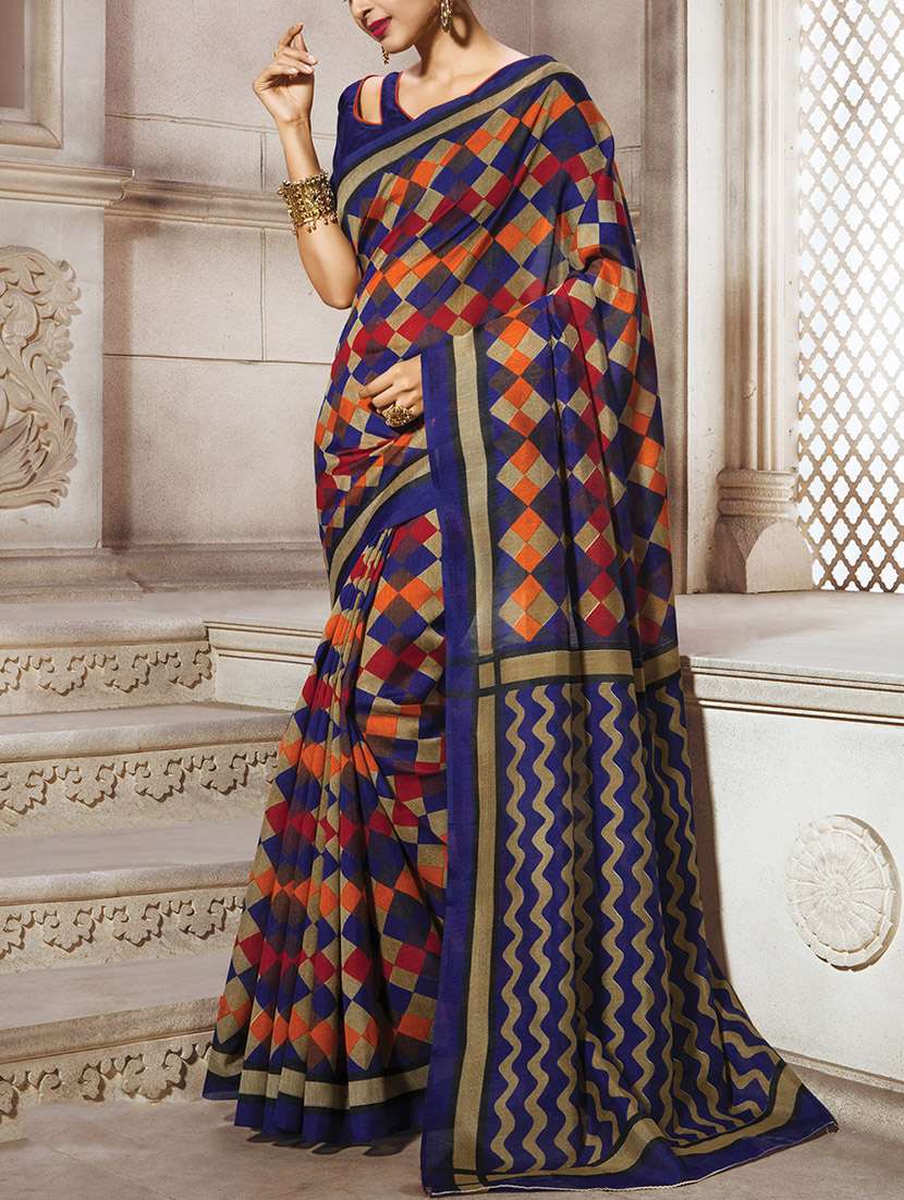 blue silk printed saree with blouse