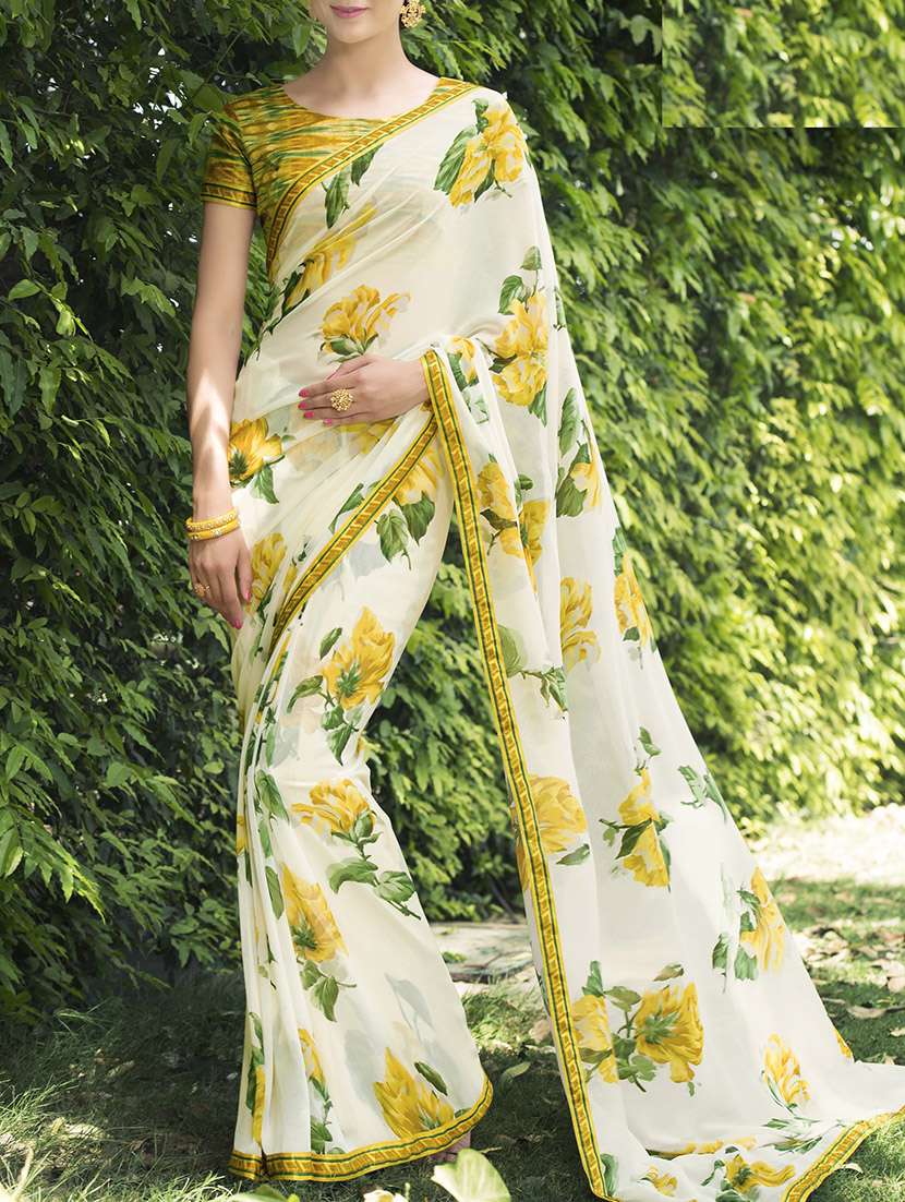 white georgette printed saree with blouse