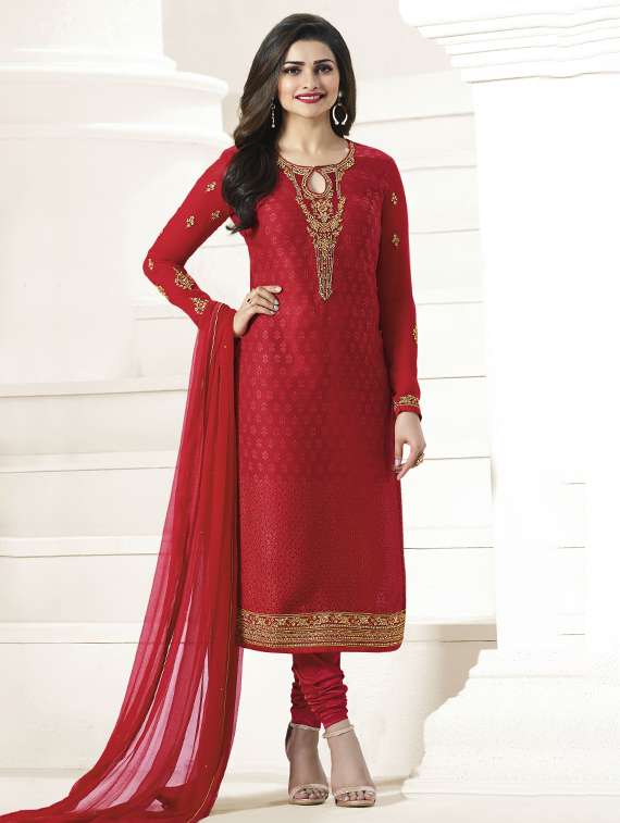 red  unstitched churidaar suit
