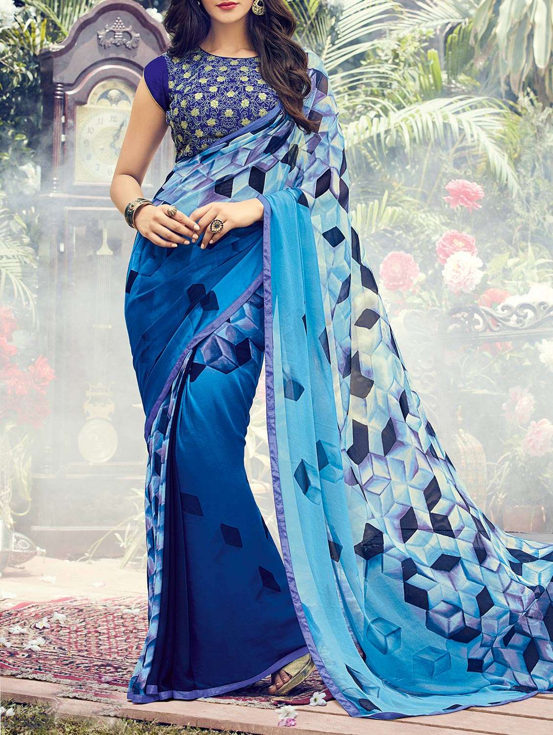 blue printed georgette saree
